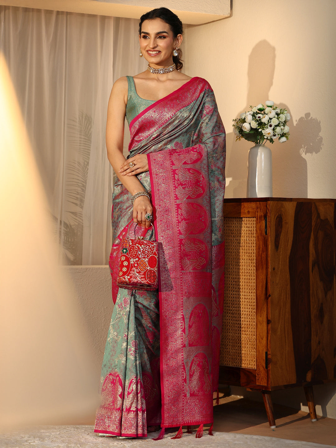  Dusty Blue Baluchari Silk Blend Saree 