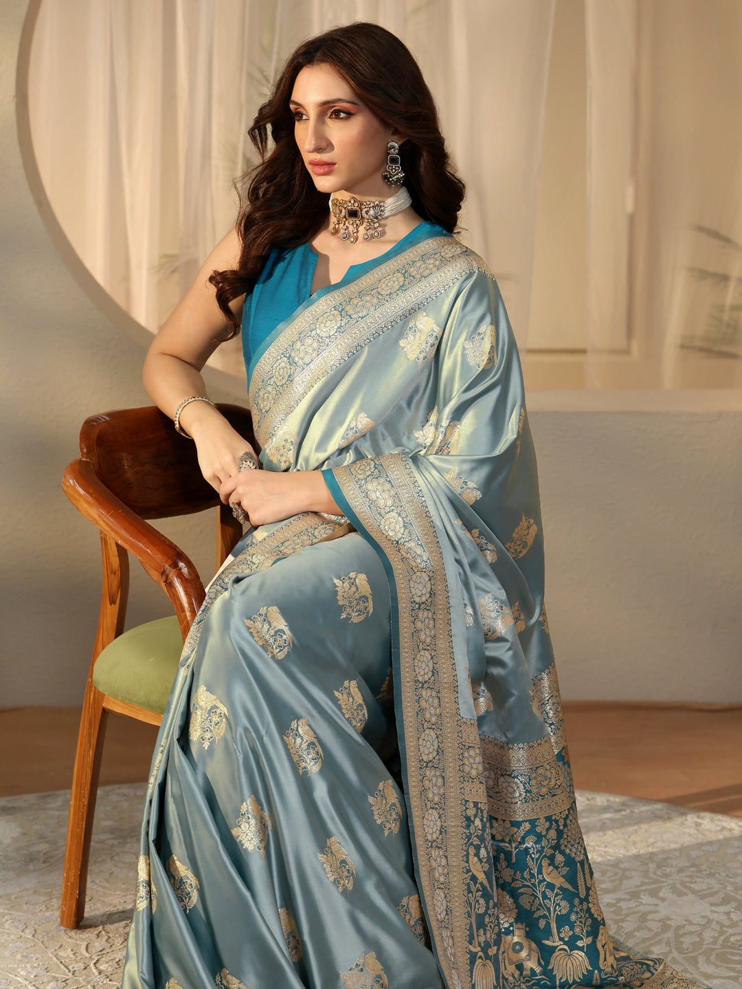 Dusty Blue Banarasi Silk Blend Saree