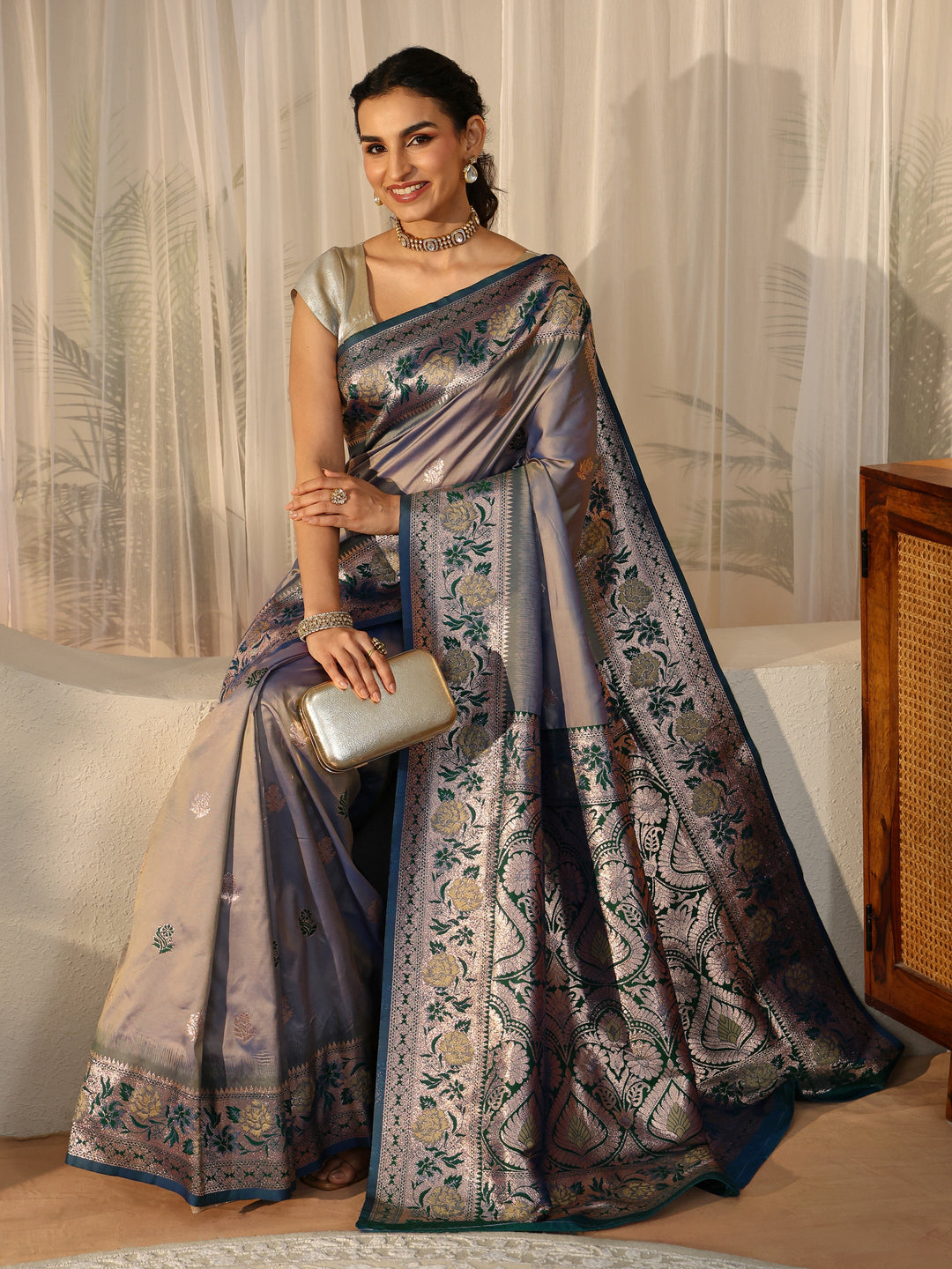  Dusty Blue Banarasi Silk Blend Saree 