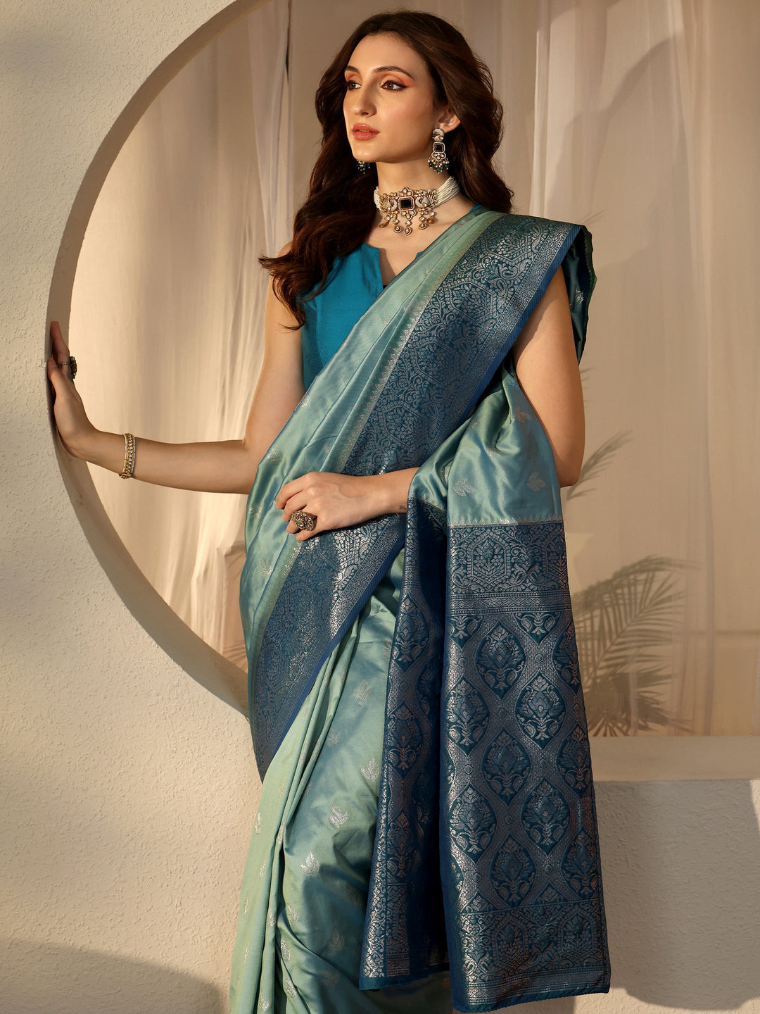 Dusty Blue Banarasi Silk Blend Saree 