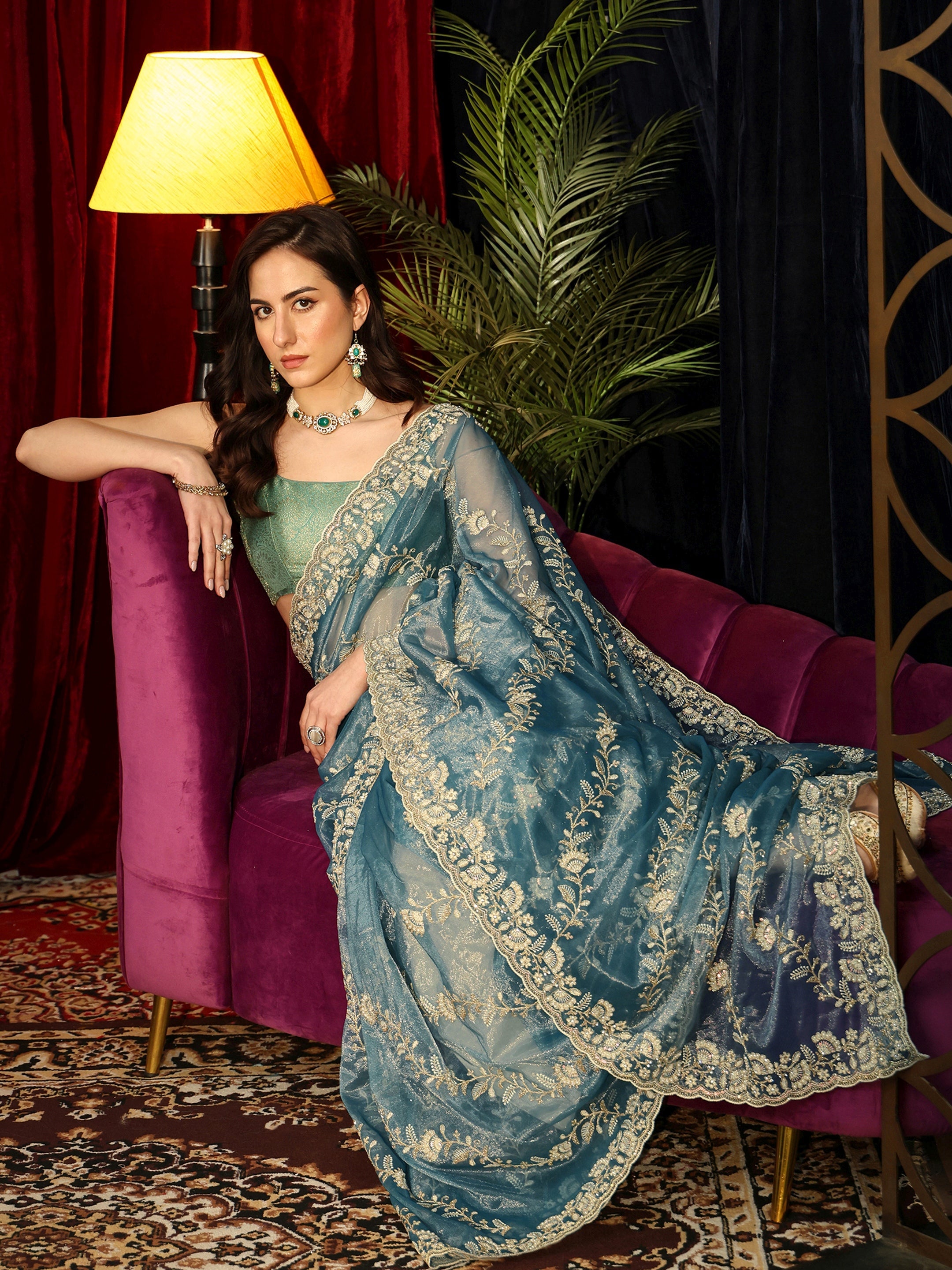 Libas Dusty Blue Floral Embroidered Net Saree-picture-53