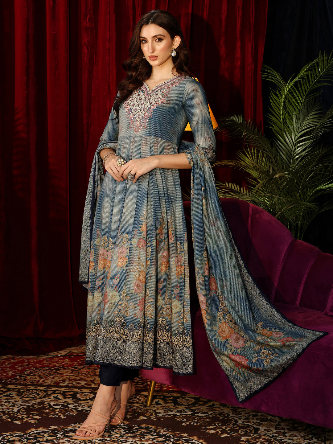  Dusty Blue Floral Printed Cotton Anarkali Suit Set 