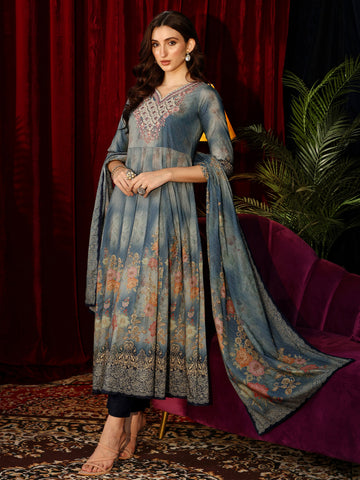 Libas Dusty Blue Floral Printed Cotton Anarkali Suit Set