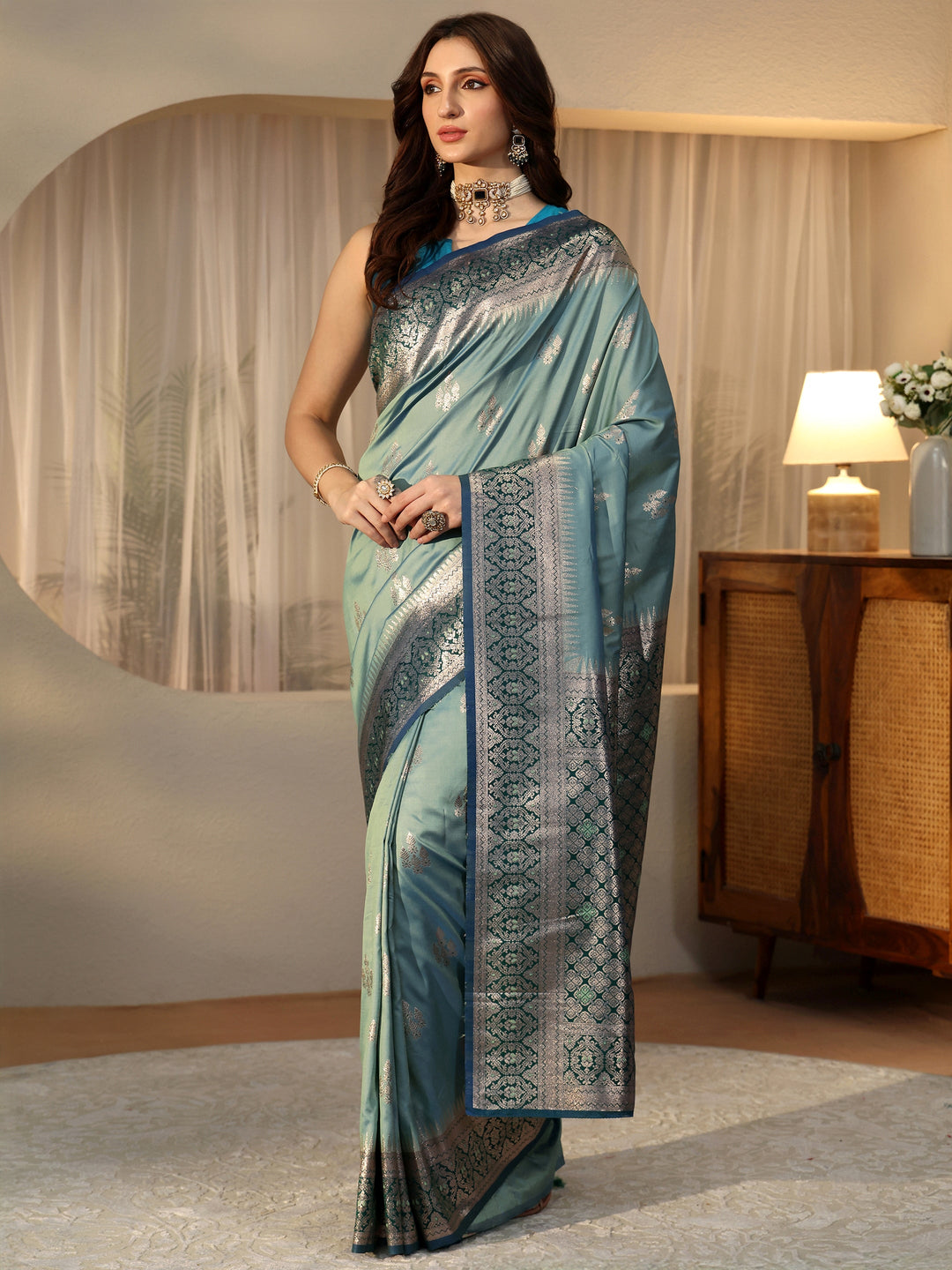 Dusty Blue Kanjeevaram Silk Blend Saree