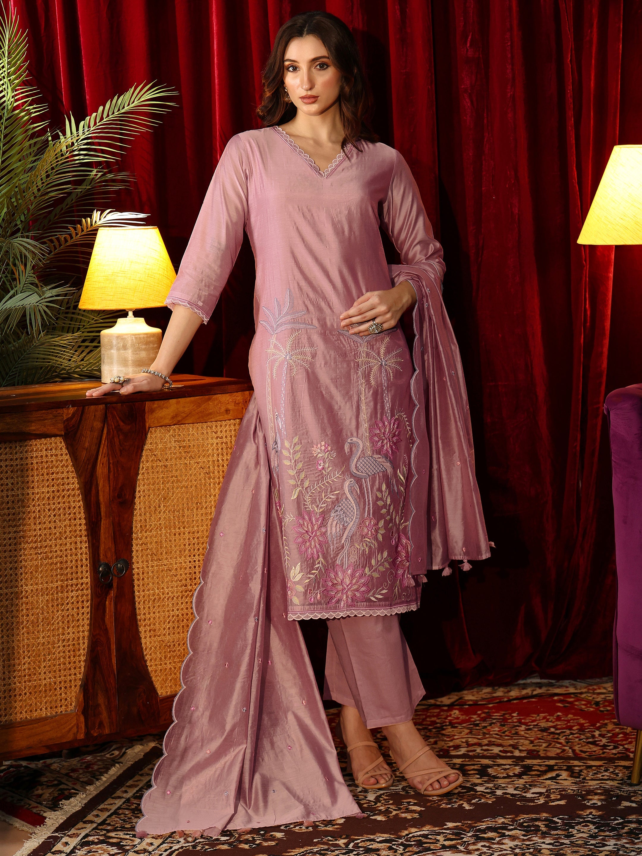 libas Dusty Pink Floral Embroidered Chanderi Silk Straight Suit Set-picture-25