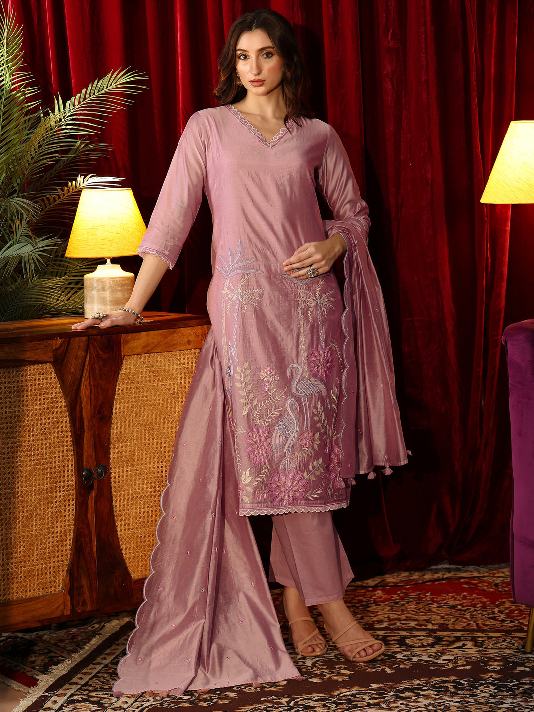 Dusty Pink Floral Embroidered Chanderi Silk Straight Suit Set