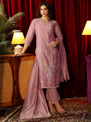 Dusty Pink Floral Embroidered Chanderi Silk Straight Suit Set