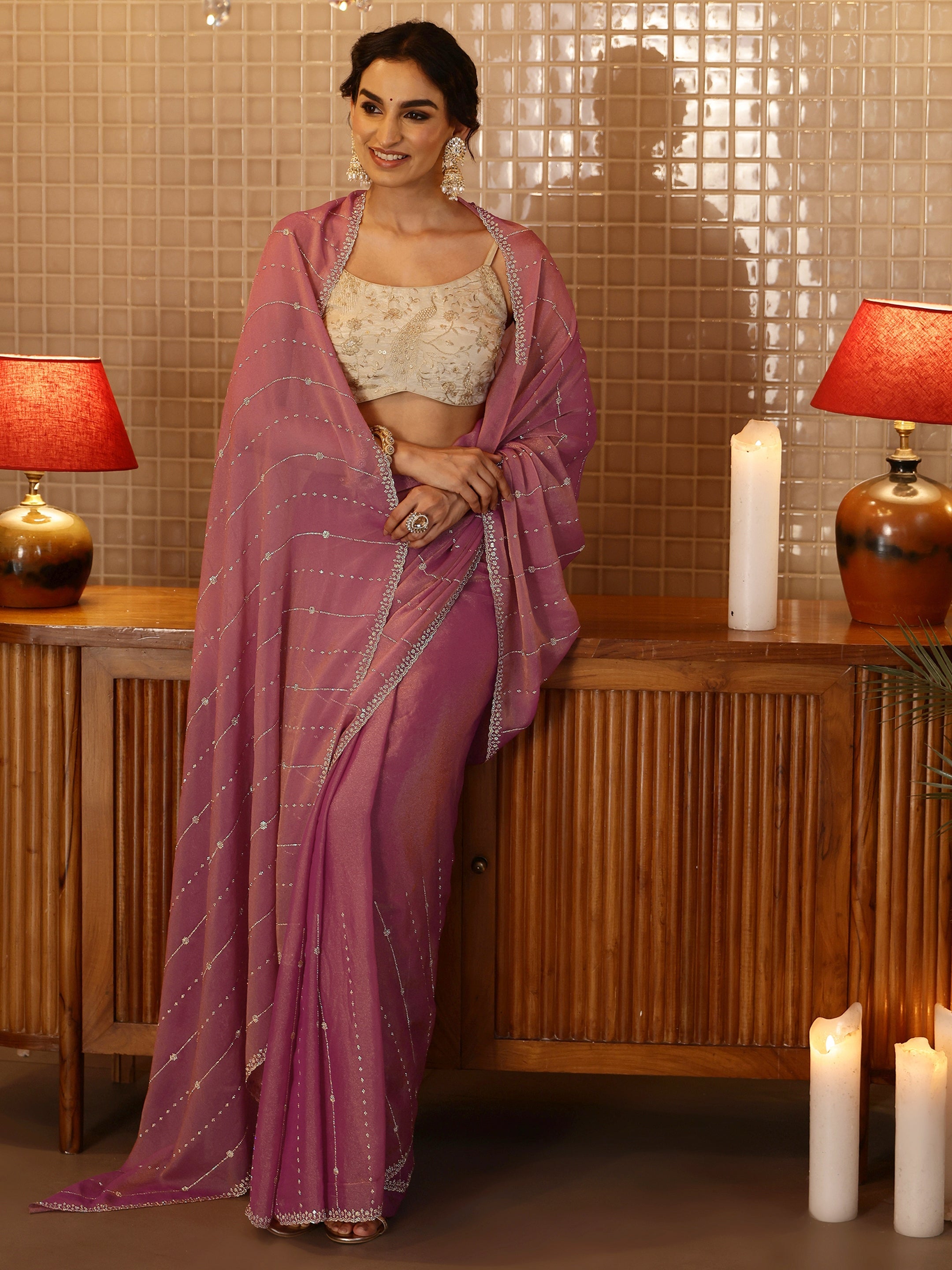 libas Dusty Pink Striped Embellished Silk Blend Saree-picture-67
