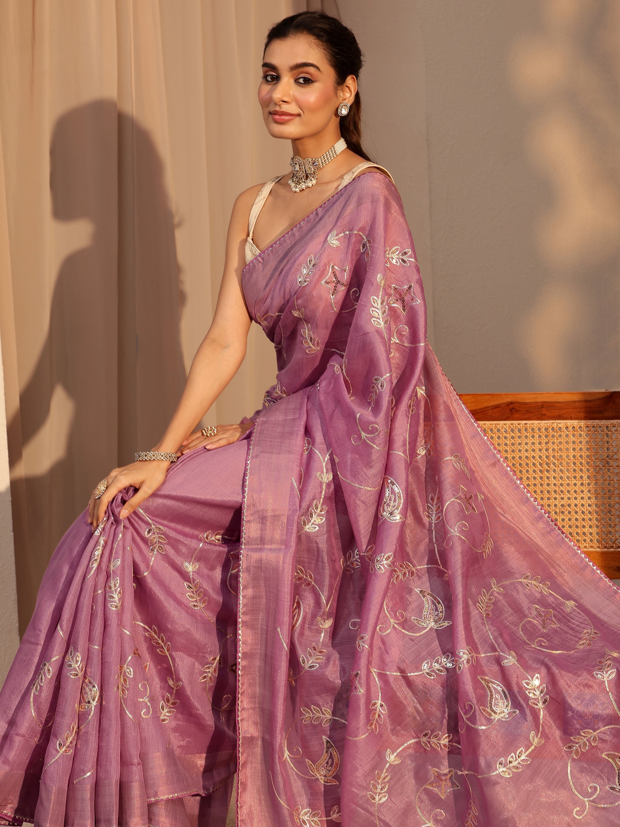 libas Dusty Rose Pink Floral Embellished Tissue Saree-picture-29
