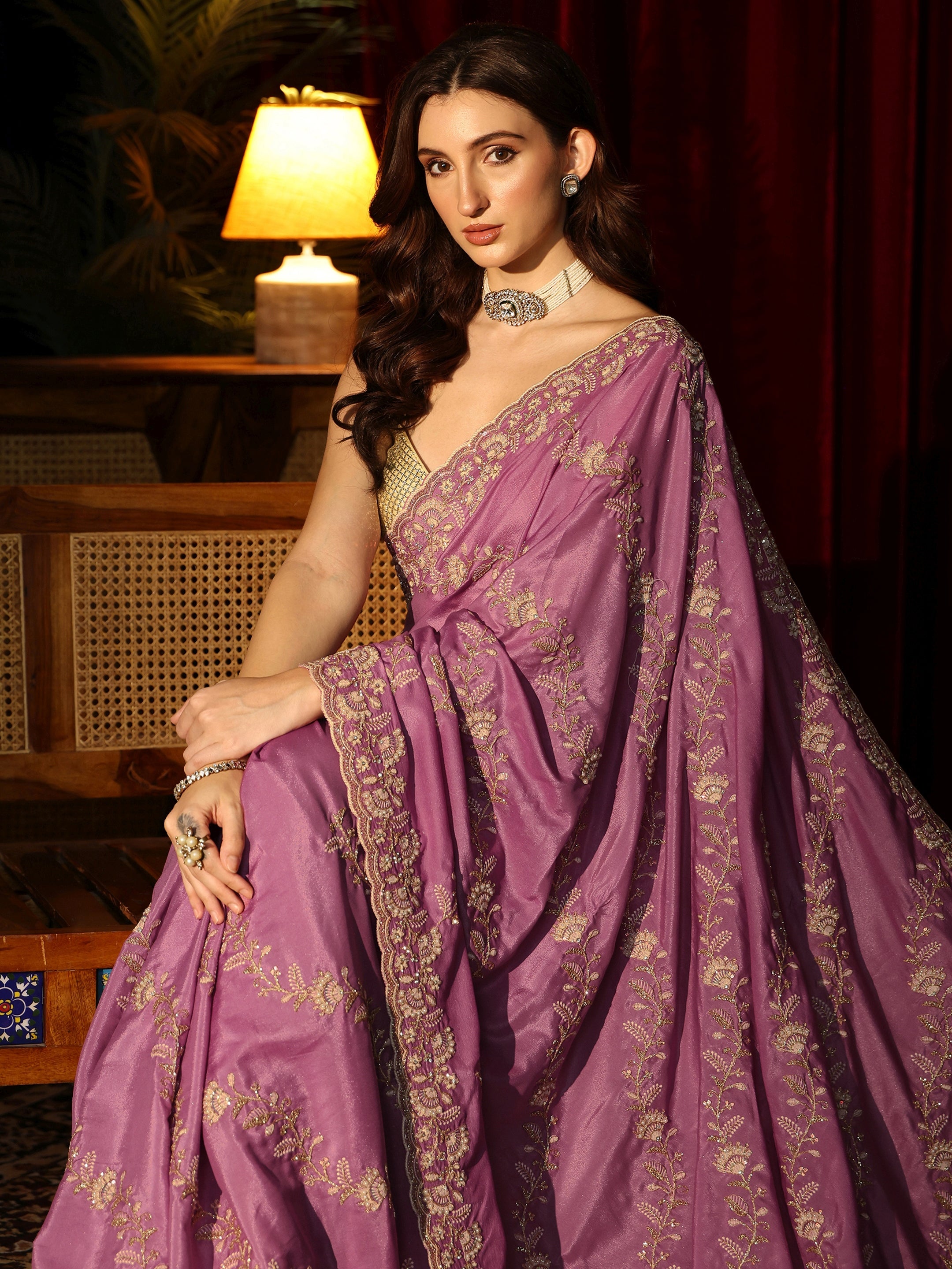 Libas Dusty Rose Pink Floral Embroidered Net Saree-picture-37