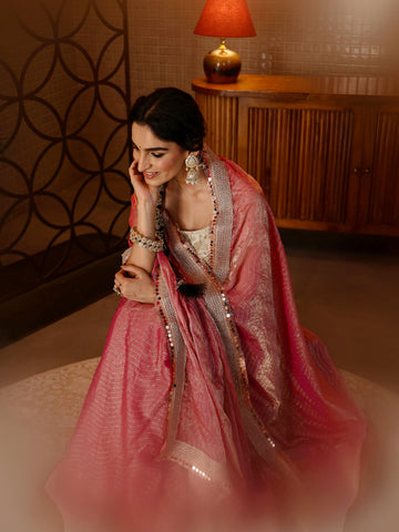 Libas Dusty Rose Pink Leheriya Embellished Tissue Saree