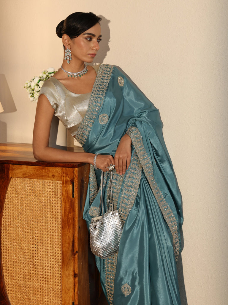 Libas Dusty Blue Ethnic Embroidered Satin Saree