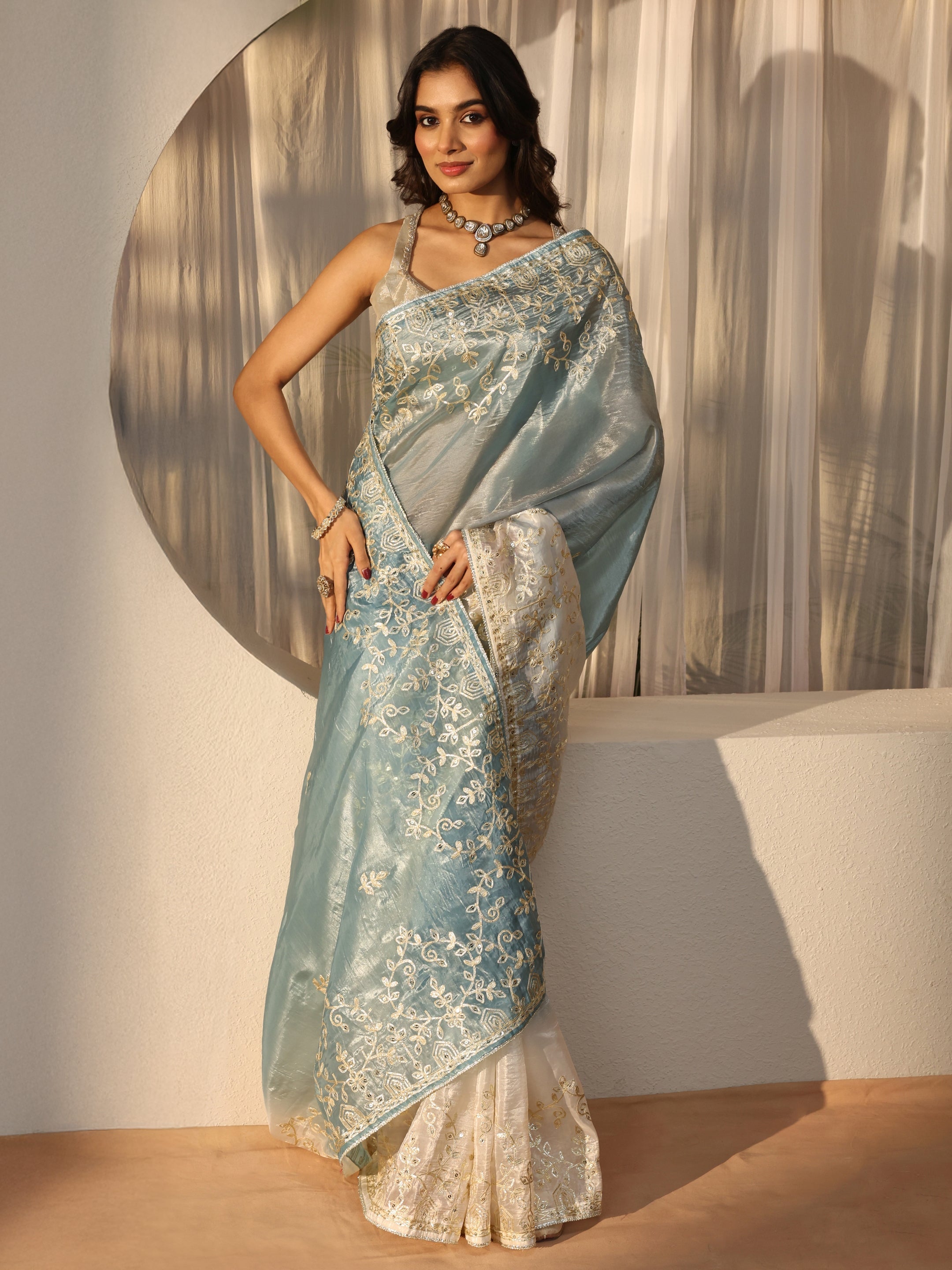 libas Dusty Blue Floral Embellished Ombre Satin Saree-picture-64