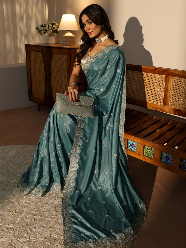 Libas Dusty Blue Floral Embroidered Satin Saree