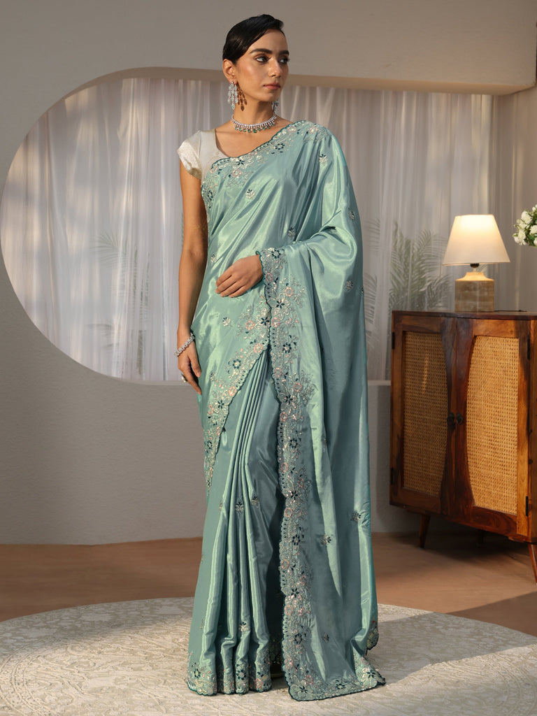 Libas Dusty Blue Floral Embroidered Satin Saree