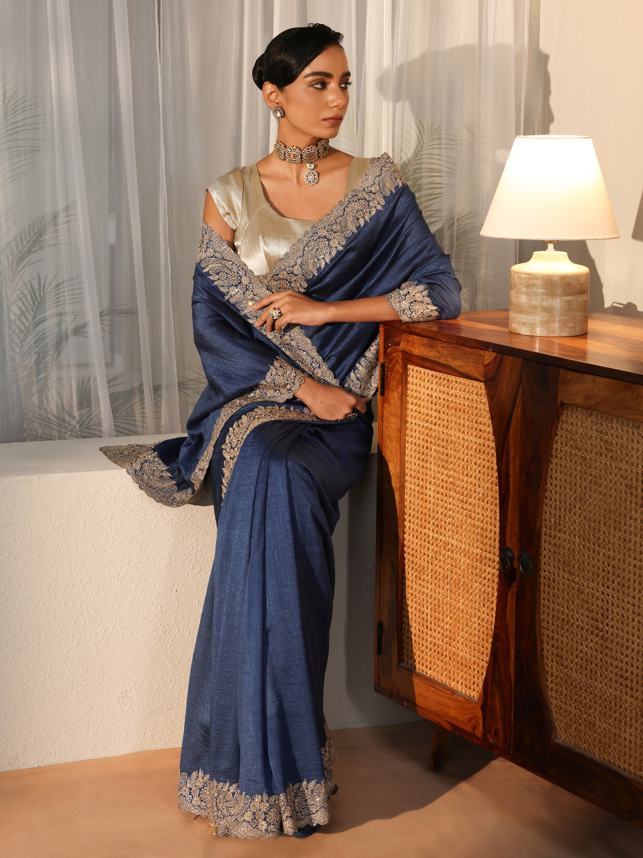 Libas Dusty Blue Silk Blend Saree with Embellished Border-picture-17