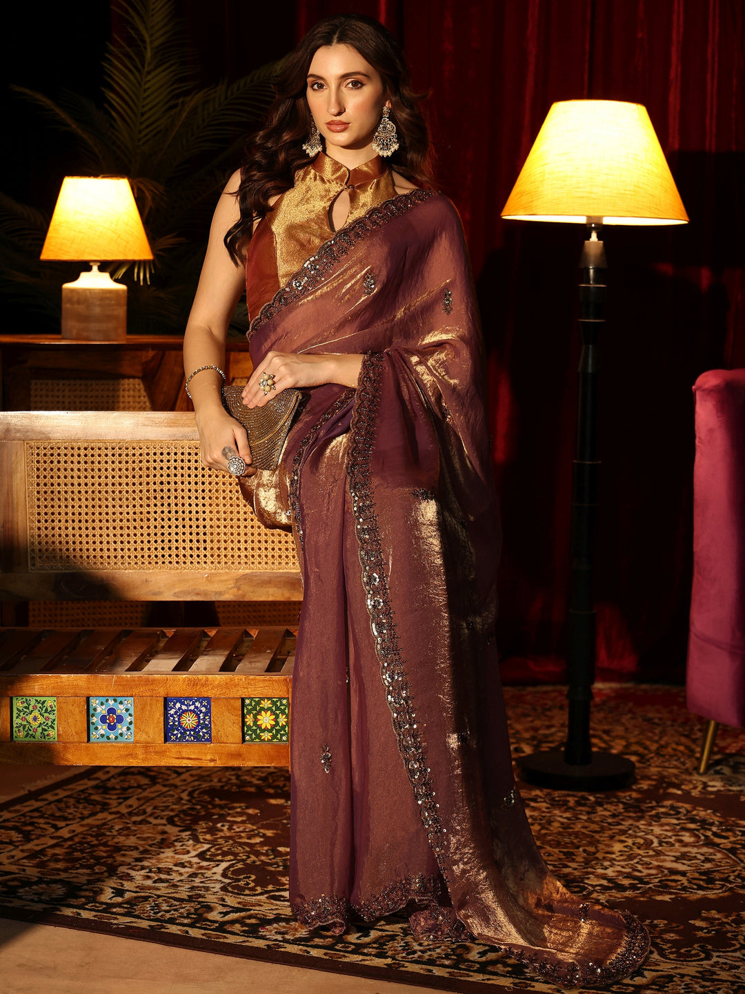  Brown Embellished Tissue Saree 