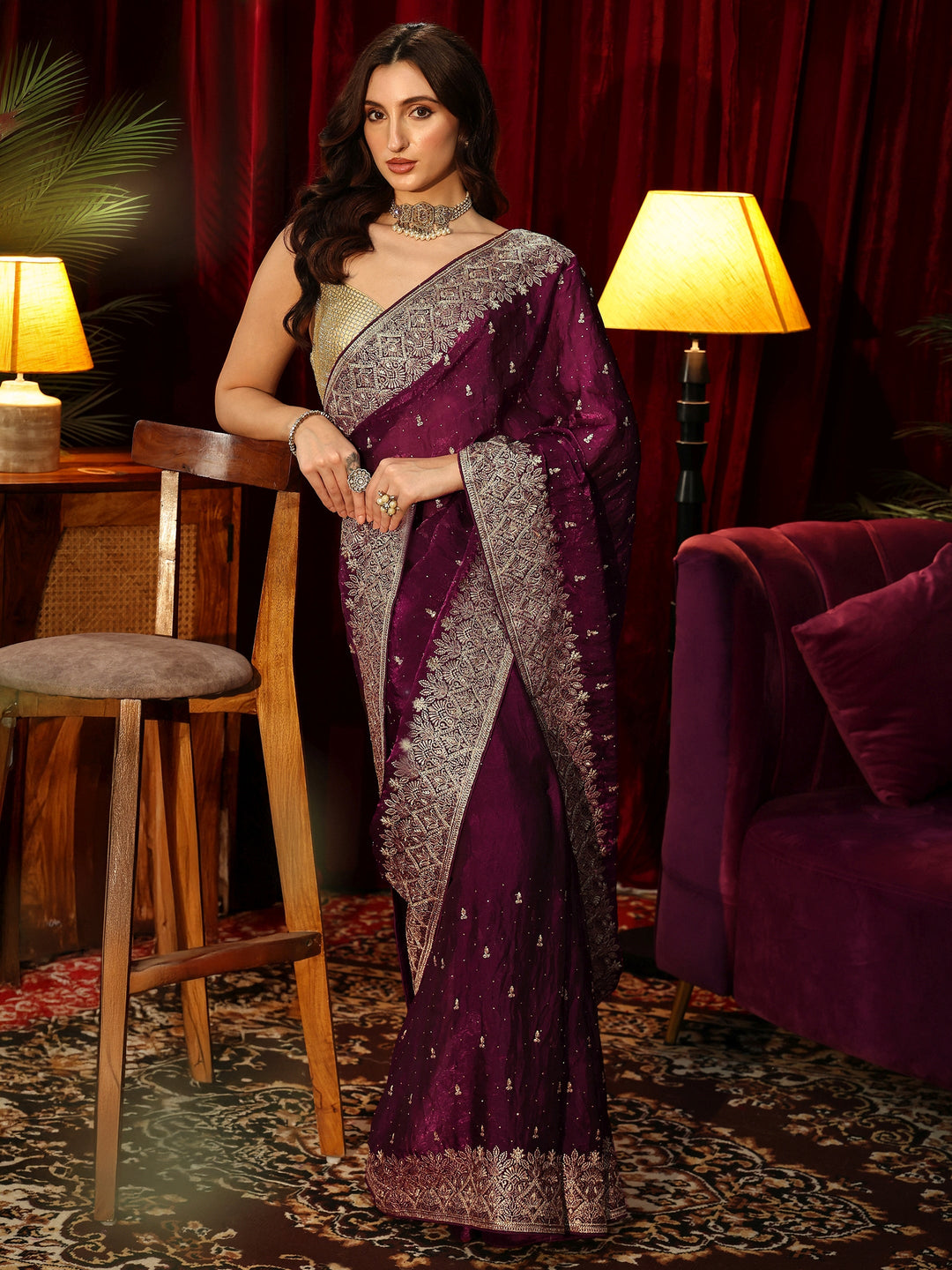  Burgundy Embellished Tissue Saree 