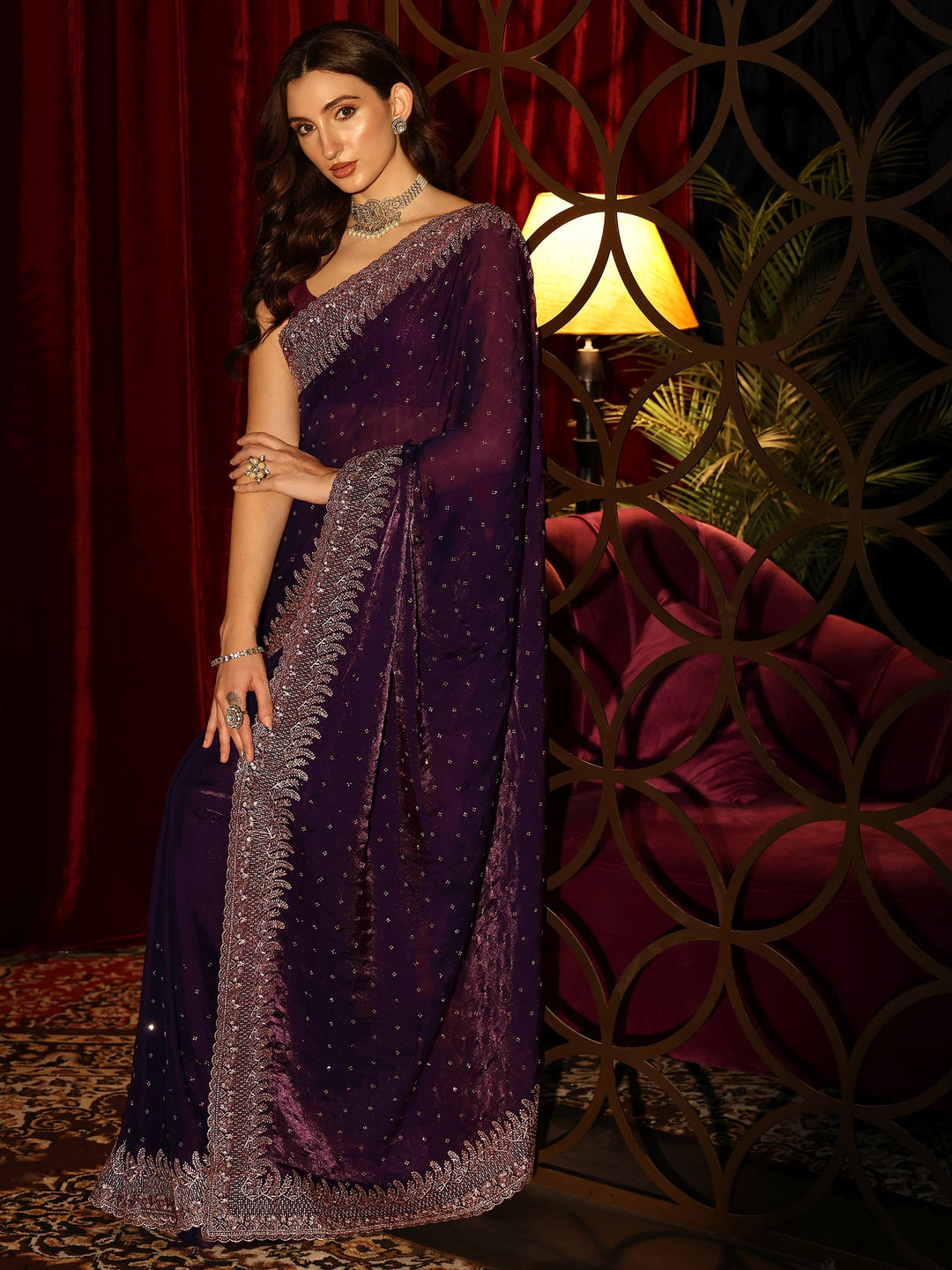  Imperial Purple Embellished Tissue Saree 