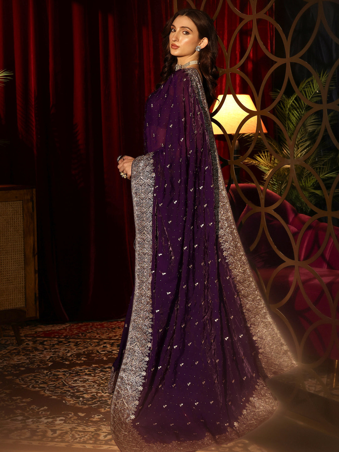  Imperial Purple Embellished Tissue Saree 
