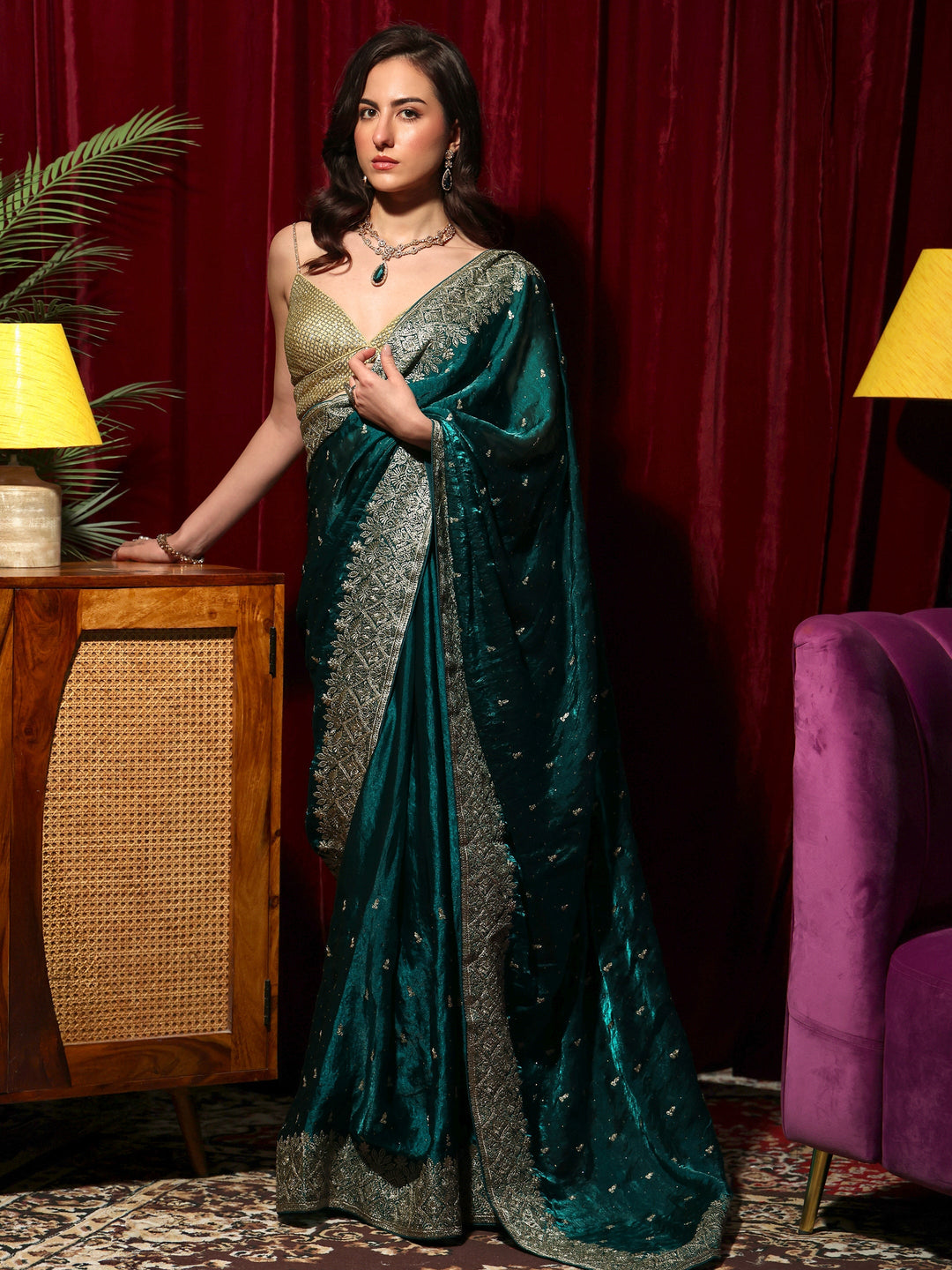  Teal Green Embellished Tissue Saree 