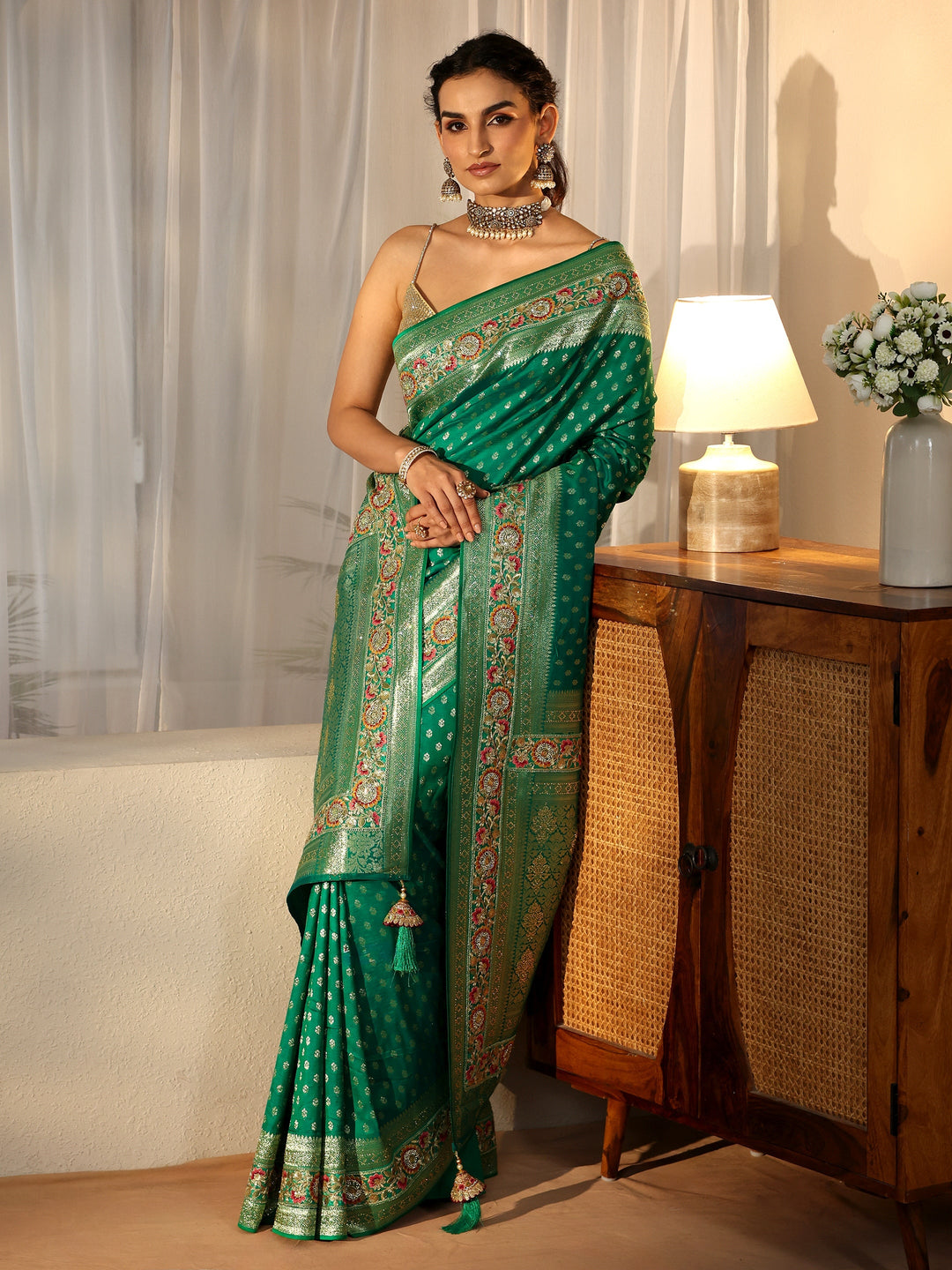  Libas Art Emerald Green Silk Blend Saree with Woven Border 