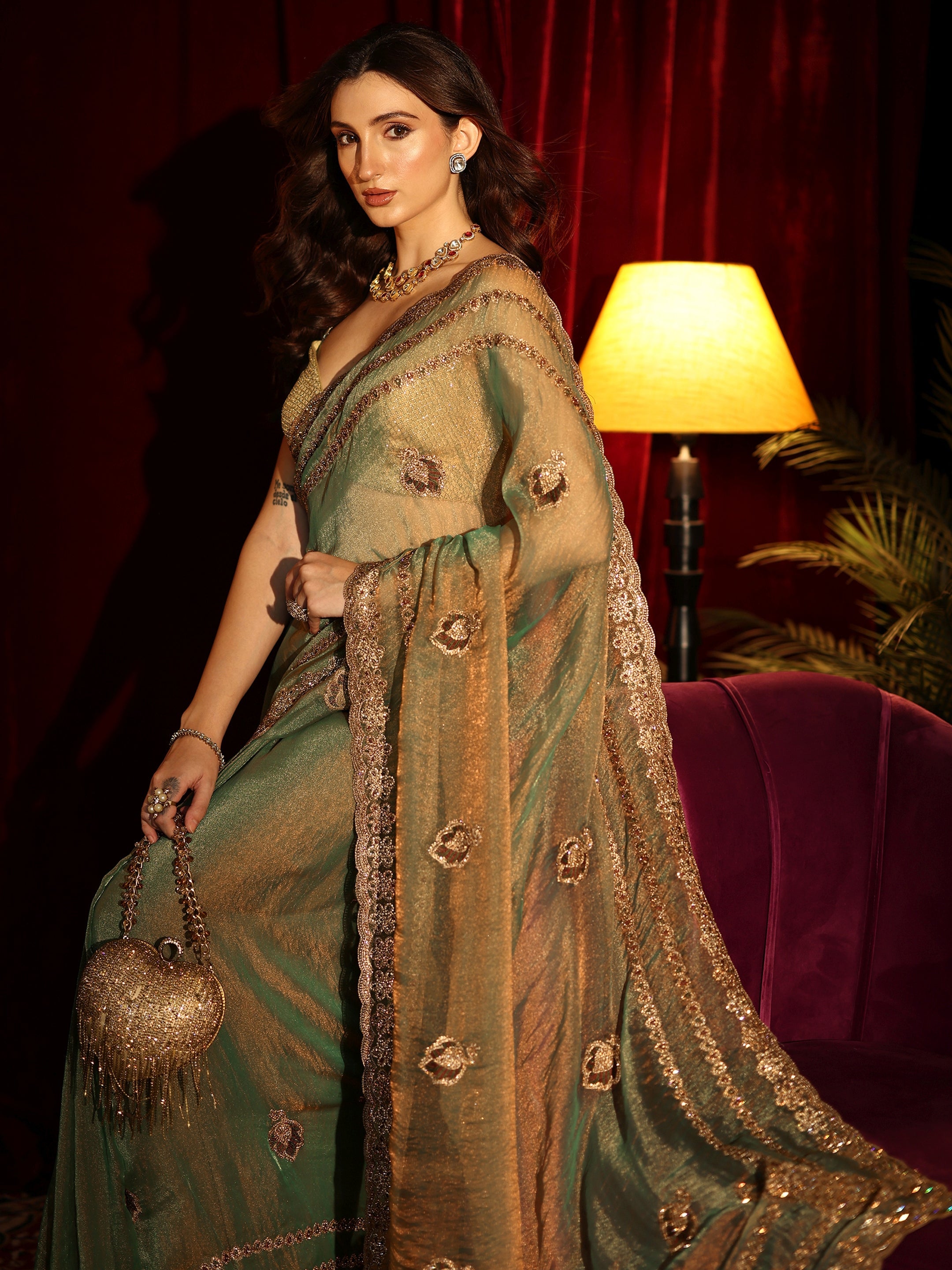 Libas Fern Green Embellished Tissue Saree-picture-32