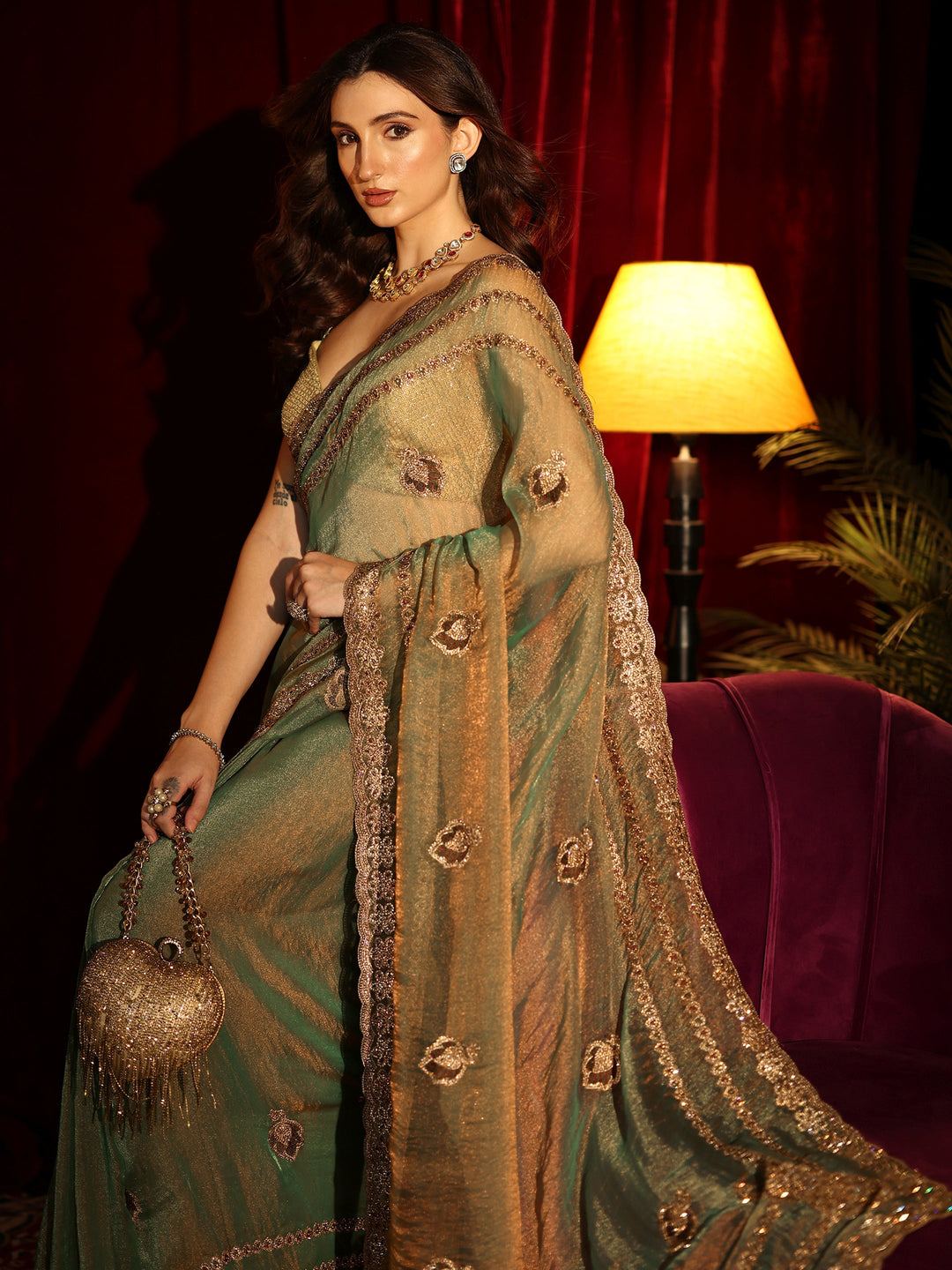  Fern Green Embellished Tissue Saree 