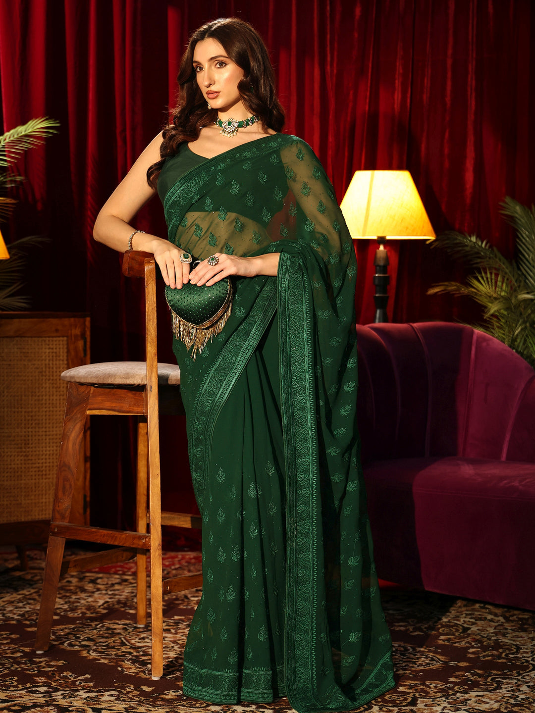  Floral Embroidered Forest Green Georgette Saree 
