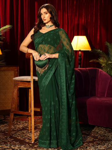 Libas Floral Embroidered Forest Green Georgette Saree