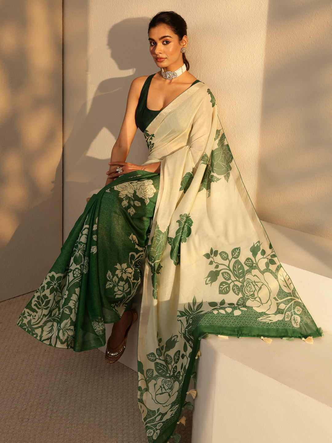  Forest Green Floral Printed Cotton Blend Saree 