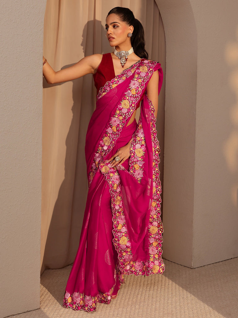 Libas Fuchsia Pink Chiffon Saree with Floral Border