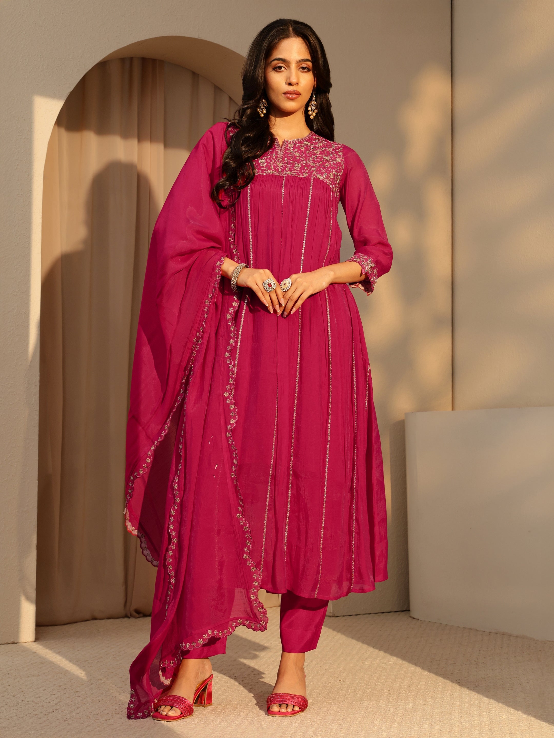 Fuchsia Pink Embellished Yoke Chanderi Cotton A-Line Suit Set-image-49