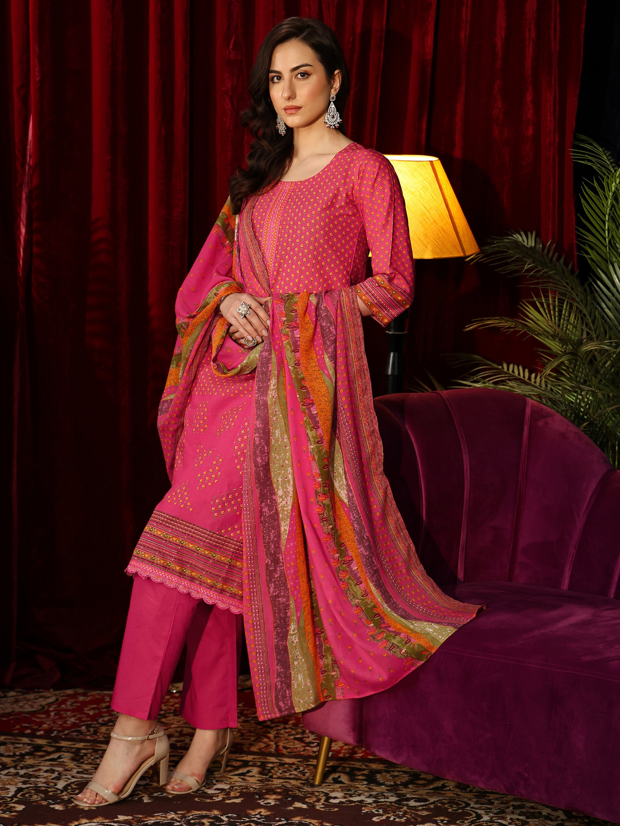 libas Fuchsia Pink Floral Printed Cotton Blend Straight Suit Set-picture-39