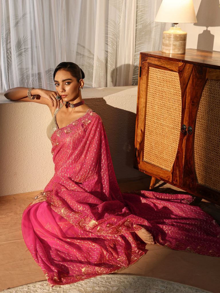 Libas Fuchsia Pink Ethnic Embroidered Net Saree