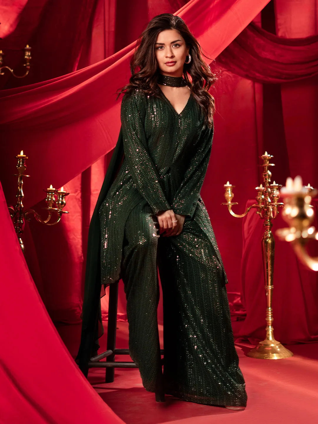 Zaayra Libas Art Olive Embroidered Georgette A-Line Kurta With Palazzos & Dupatta-picture-28