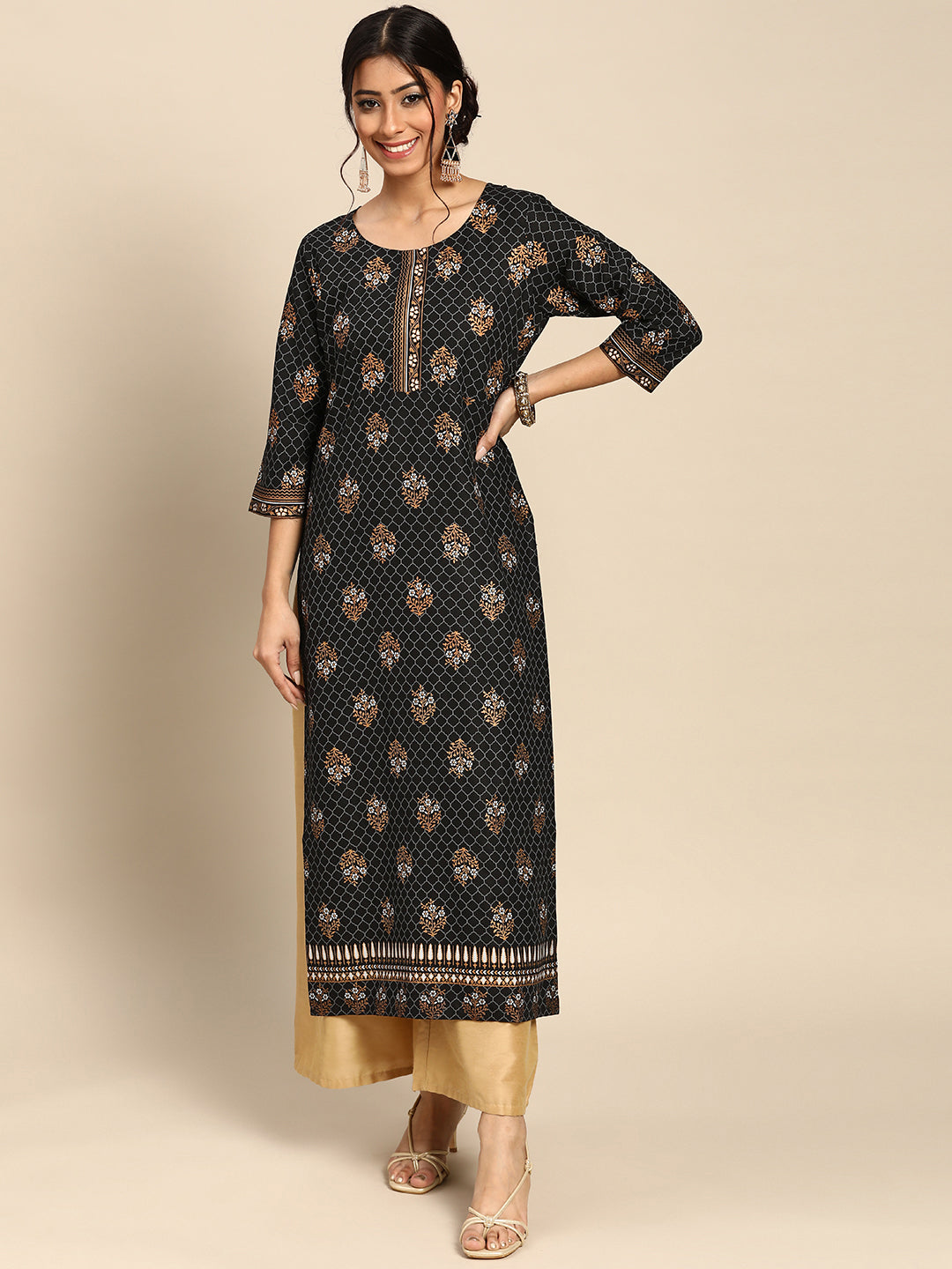 Black Printed Rayon Kurta