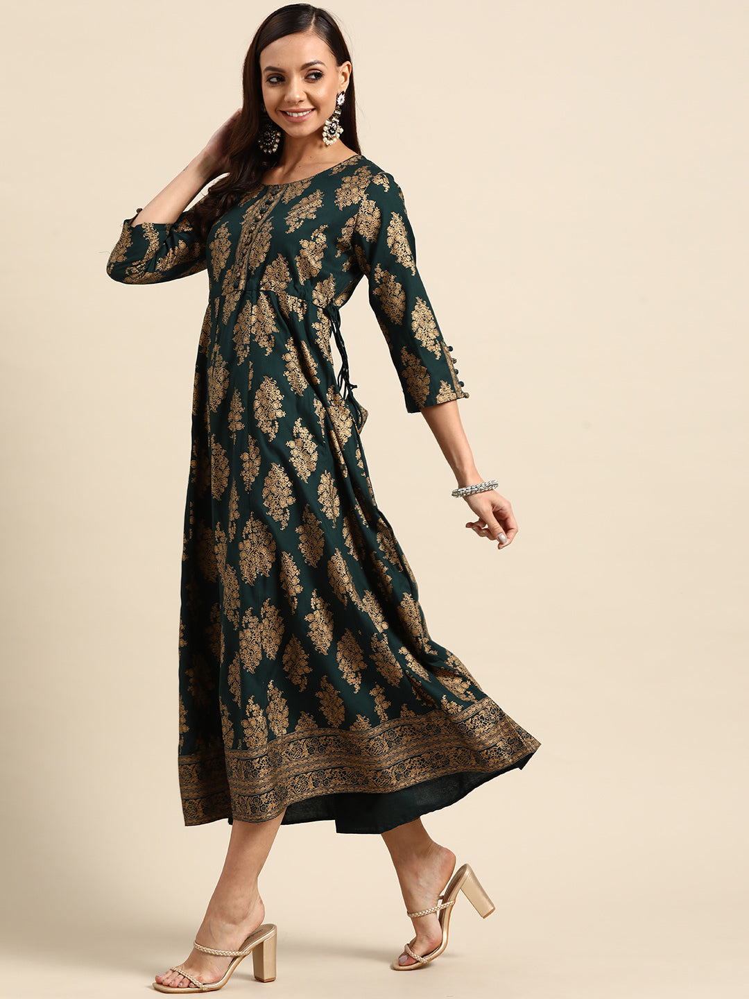 Green Printed Rayon Dress 