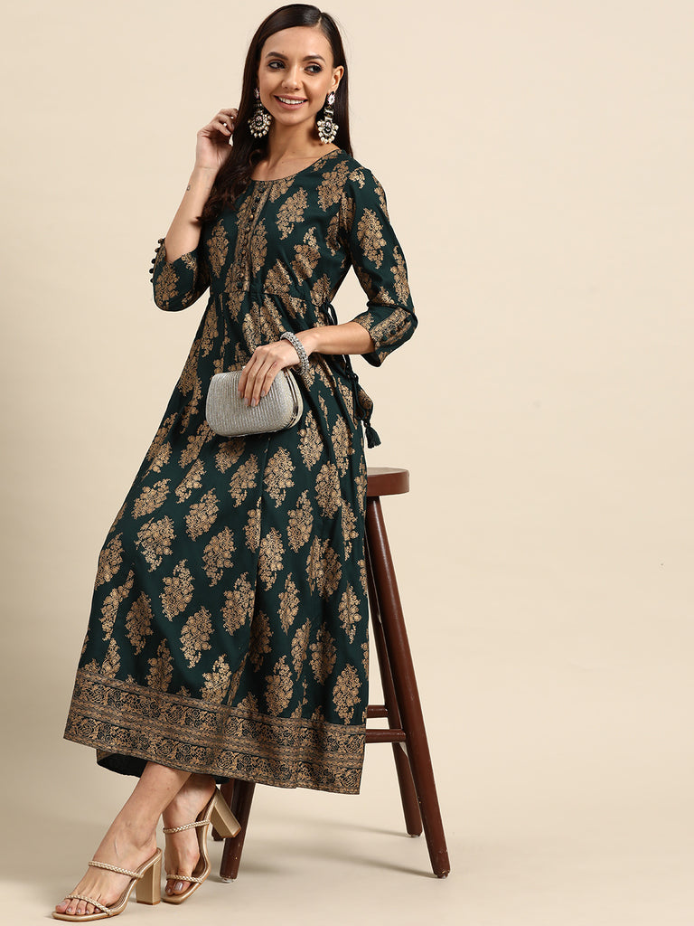 Gerua Green Printed Rayon Dress