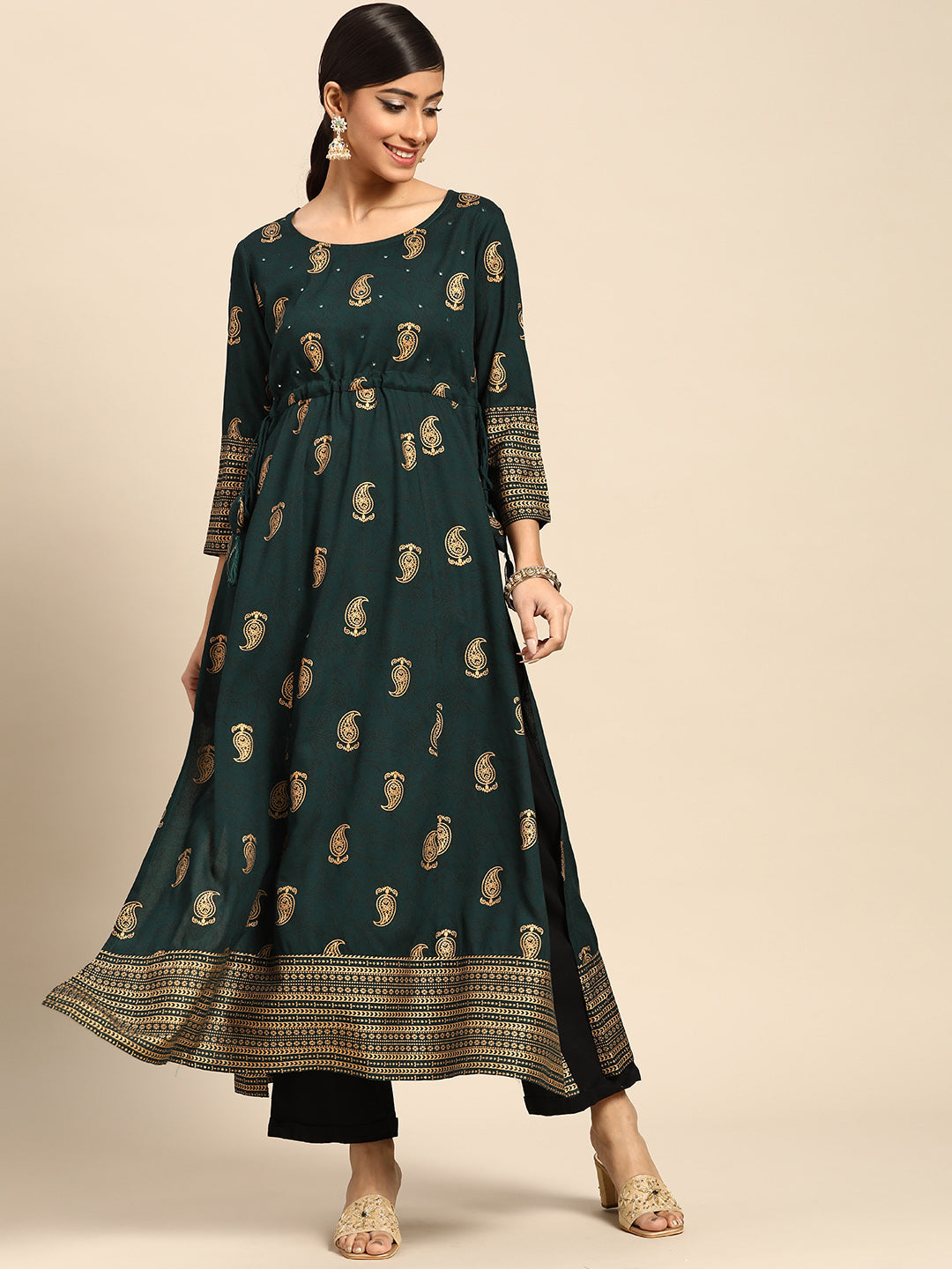 Green Printed Rayon Kurta