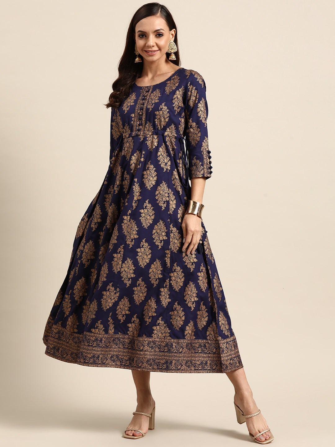 Navy Blue Printed Rayon Dress-image-1
