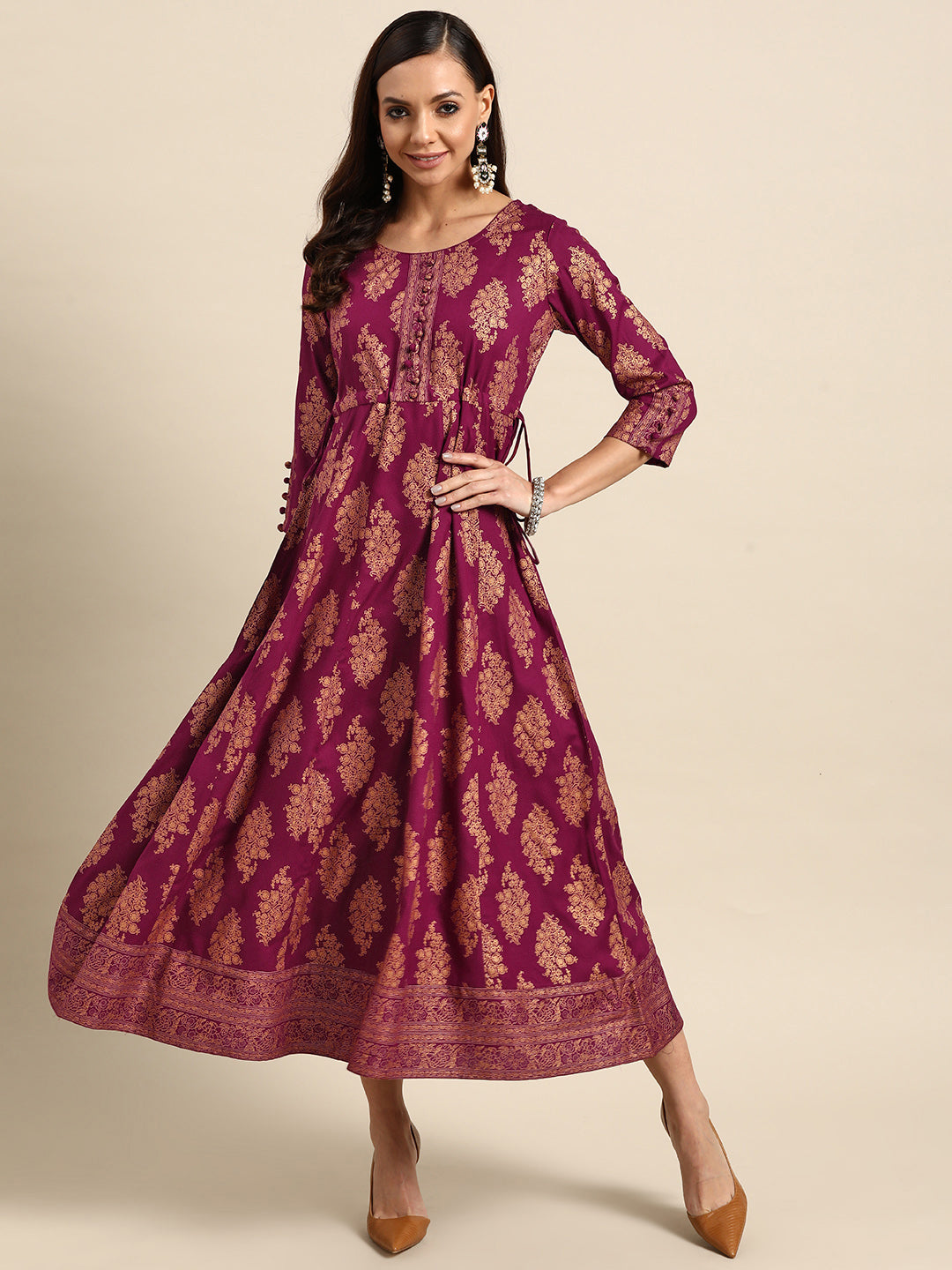 Purple Printed Rayon Dress-image-7