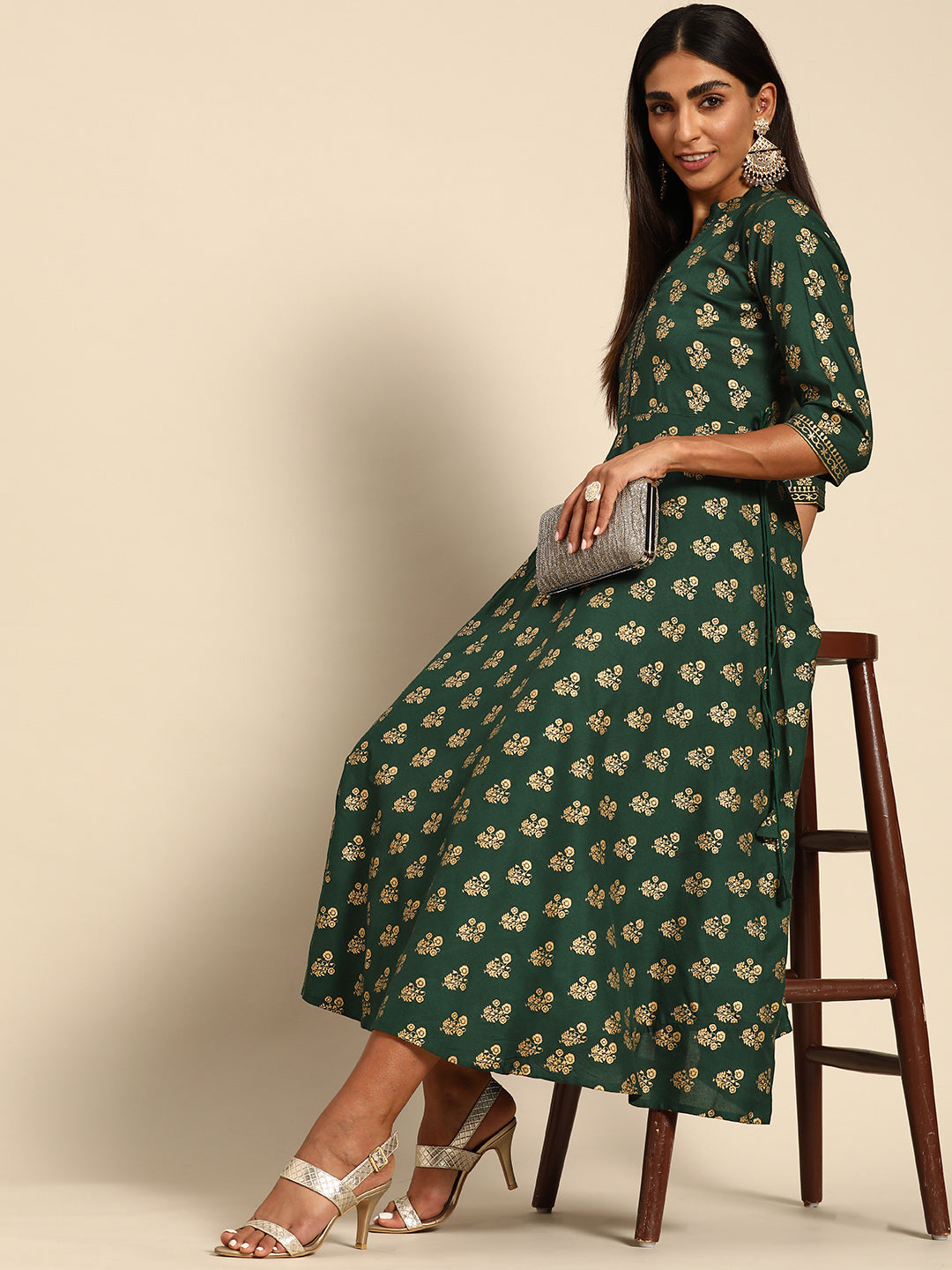  Green Printed Rayon Dress 