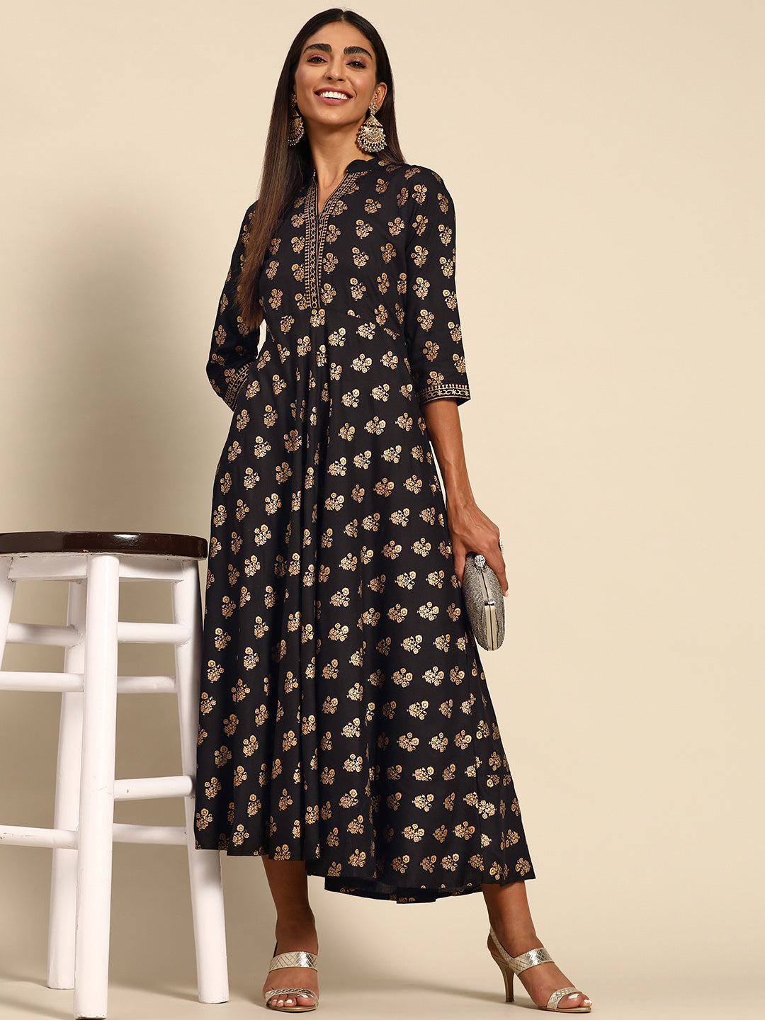  Black Printed Rayon Dress 