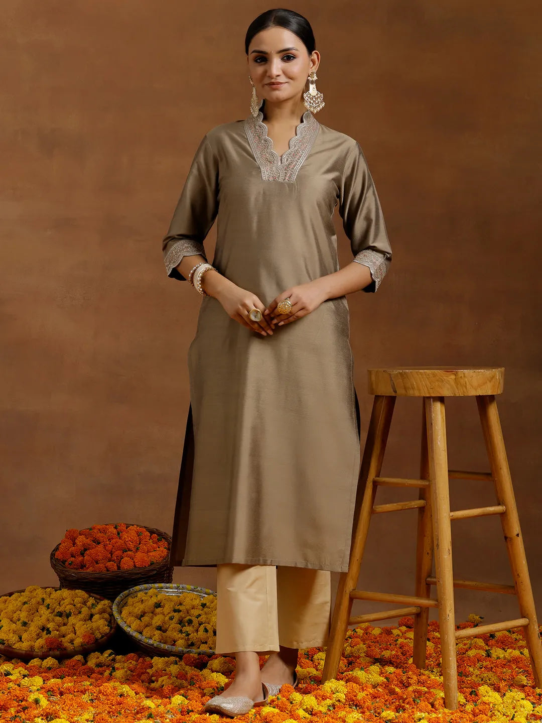 libas Gold Embroidered Silk Straight Kurta-picture-48