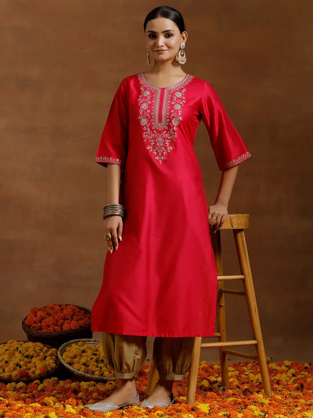 libas Pink Embroidered Silk Straight Kurta-picture-51