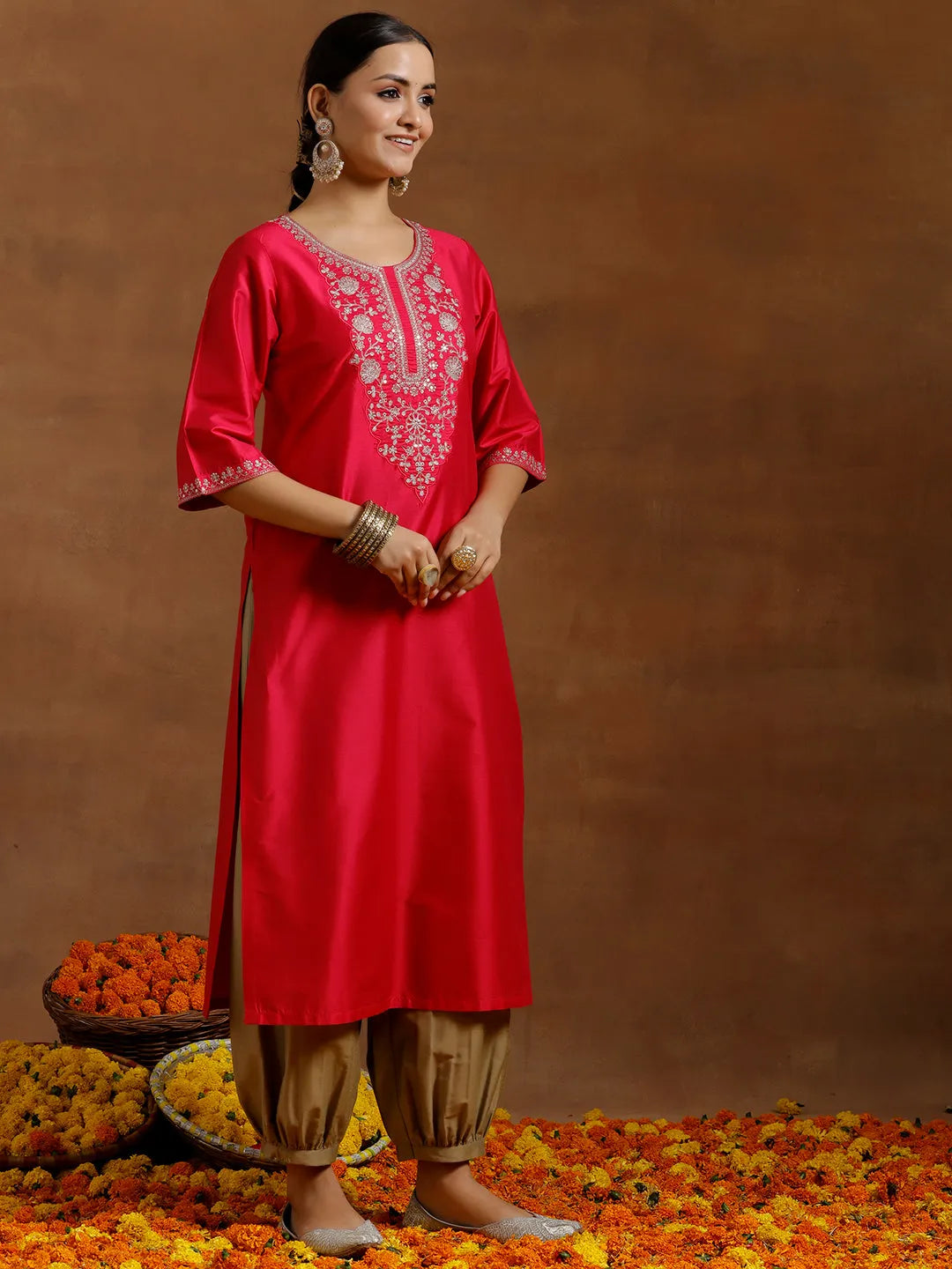 Pink Embroidered Silk Straight Kurta 