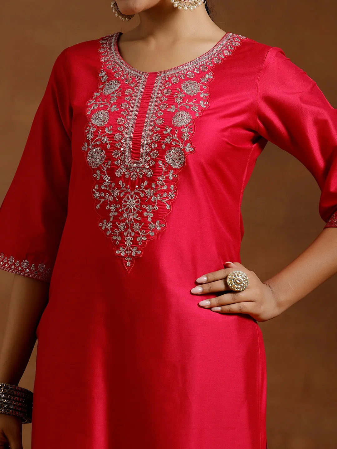  Pink Embroidered Silk Straight Kurta 