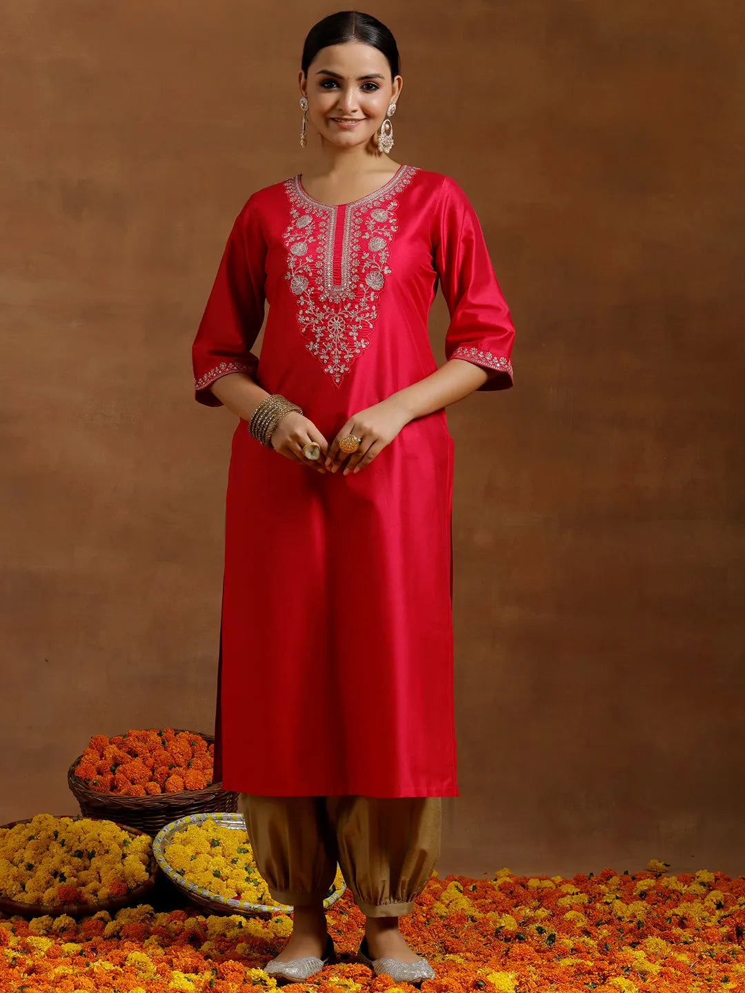  Pink Embroidered Silk Straight Kurta 