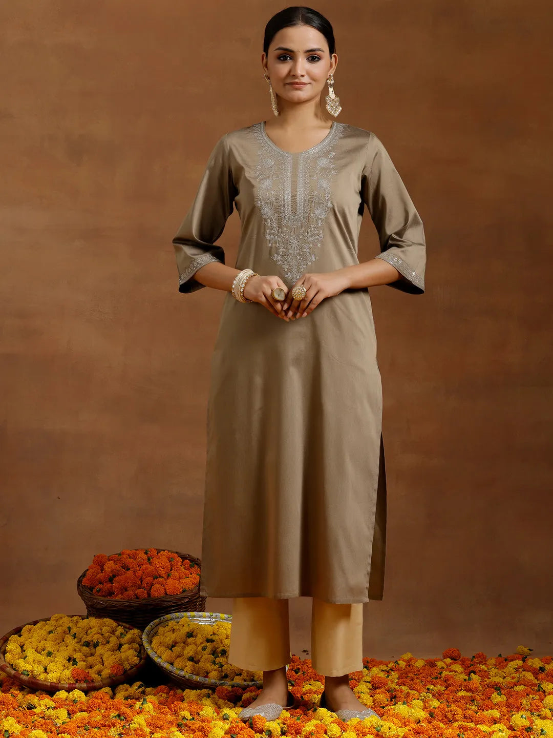 Gold Embroidered Silk Straight Kurta 